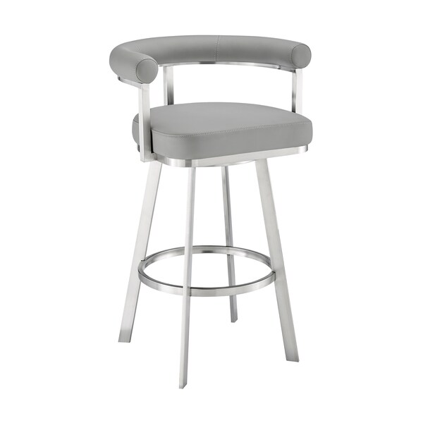 Armen Living Nolagam Swivel Bar Stool in Brushed Stainless Steel with Light Gray Faux Leather 840254335677 - main